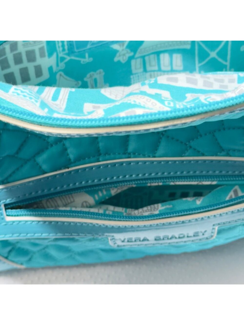 VERA BRADLEY Women's Handbag Blue Quilted Fabric Patent Leather Trim Zip Pocket - Picture 10 of 16